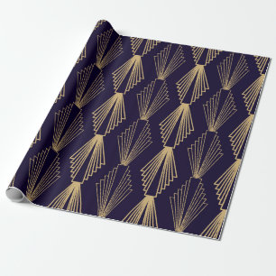 Golden art Deco Pattern. Seamless dark blue backgr Wrapping Paper