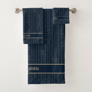 Golden Art Deco seahorses on dark blue Bath Towel Set