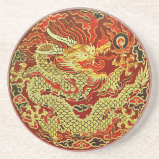 Golden asian dragon embroidered on dark red coaster