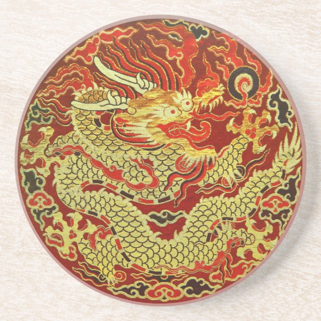 Golden asian dragon embroidered on dark red coaster (Front)