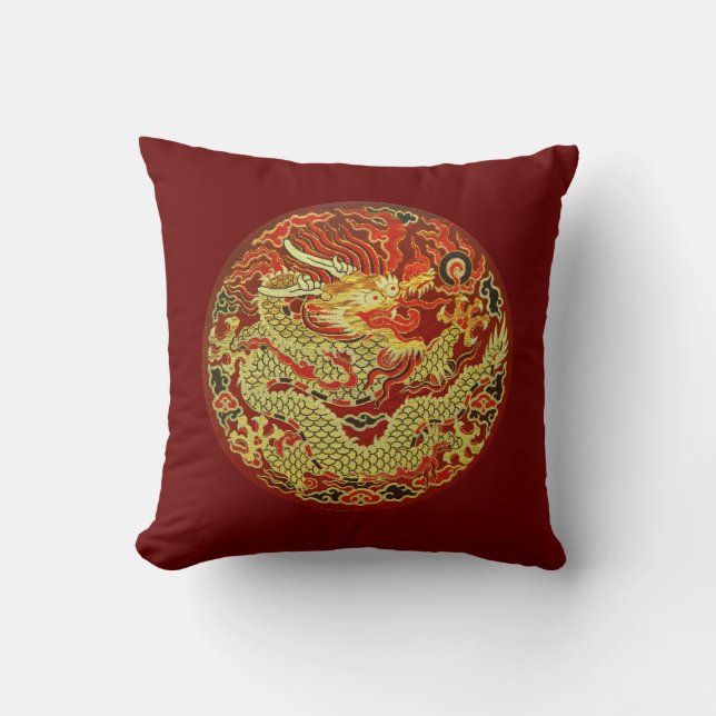 Golden asian dragon embroidered on dark red cushion (Front)