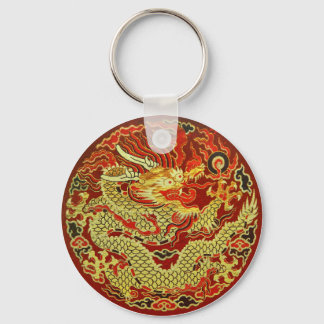 Golden asian dragon embroidered on dark red key ring