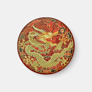 Golden asian dragon embroidered on dark red magnet