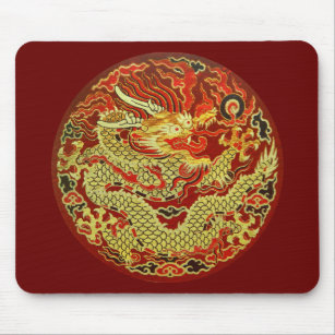 Golden asian dragon embroidered on dark red mouse pad