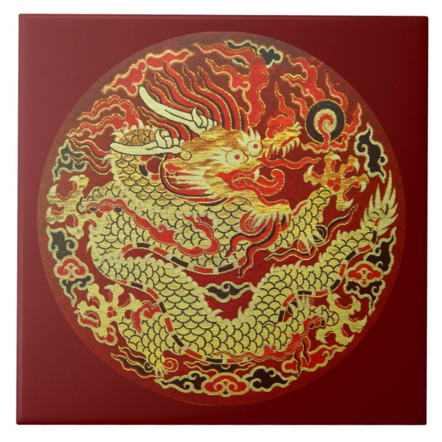 Golden asian dragon embroidered on dark red tile (Front)