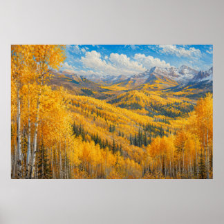Golden Aspen Mountain Oil Painting Poster