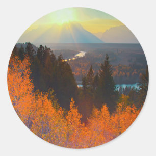 Golden Aspens Above Snake River At Sunset Classic Round Sticker