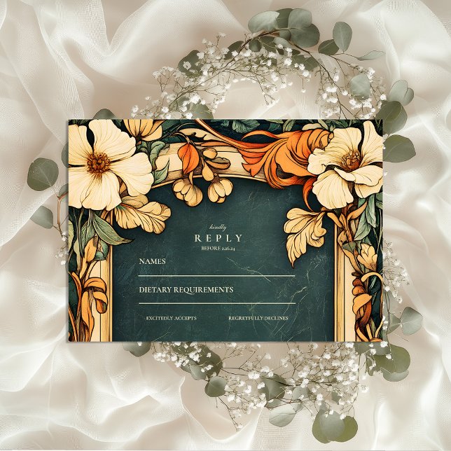 Golden Autumn Art Nouveau Wedding RSVP Card (Creator Uploaded)
