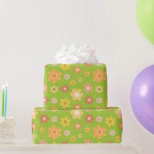 Golden Autumn Blooms Green Seamless Birthdays Wrapping Paper