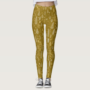 Golden Autumn Christmas Botanical Pattern Leggings