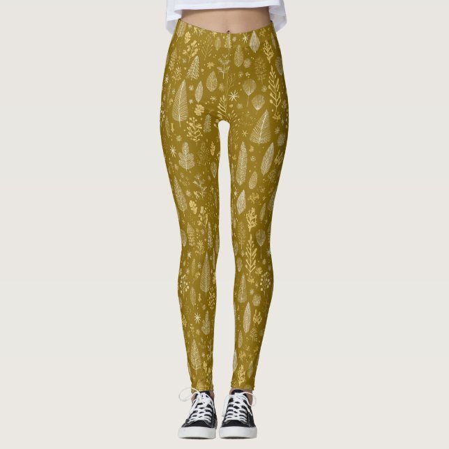 Golden Autumn Christmas Botanical Pattern Leggings (Front)
