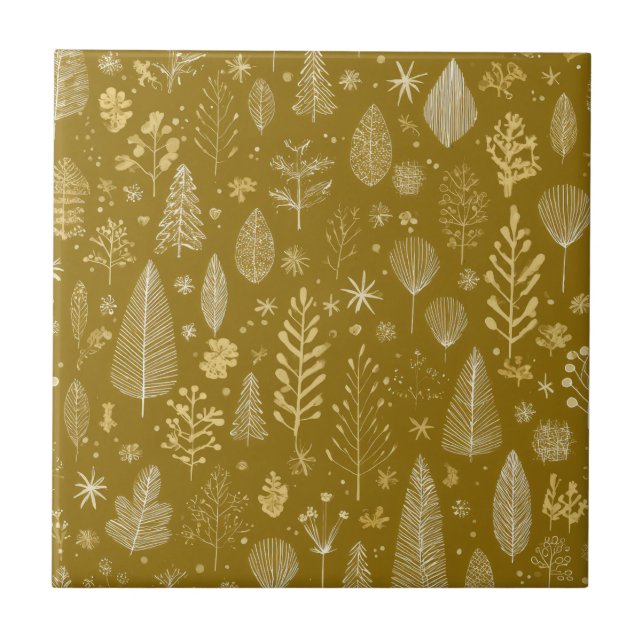 Golden Autumn Christmas Botanical Pattern Tile (Front)