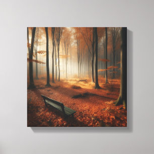 Golden Autumn Clearing with Bench with Forest Canvas Print