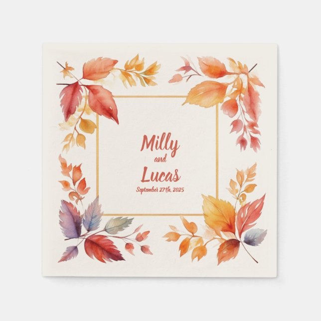 Golden Autumn Frame: Personalized Wedding Napkins (Front)