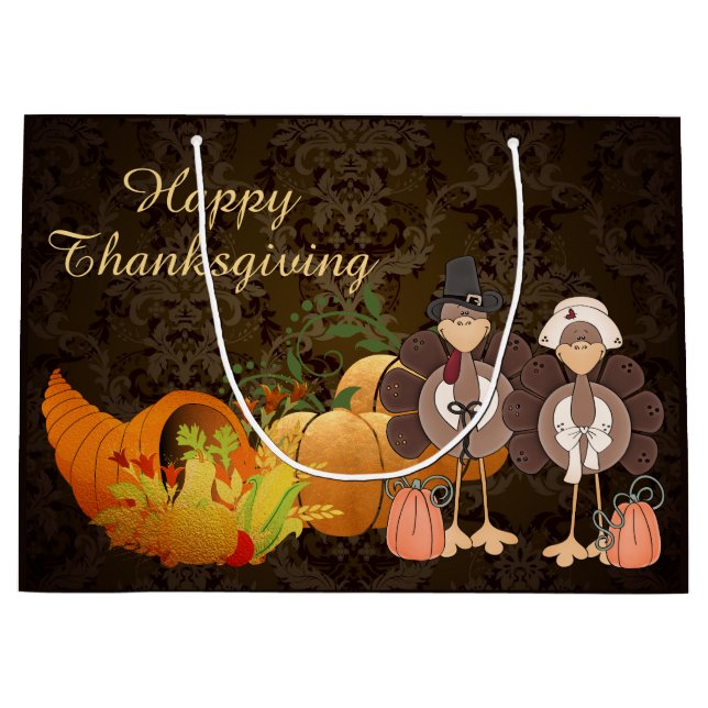 Golden Autumn Harvest Damask Happy Thanksgiving Large Gift Bag (Front)