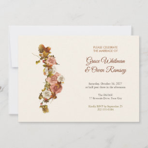 Golden Autumn Leaves and Peach Roses Wedding Invitation