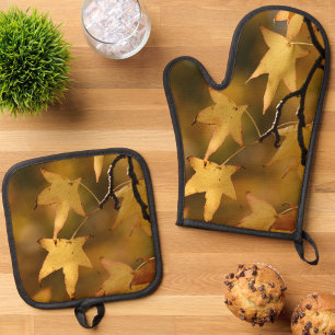 Golden Autumn Leaves Christmas Gift Oven Mitt & Pot Holder Set