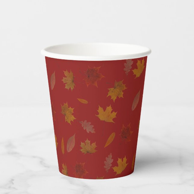 Golden Autumn Leaves on Red Custom Colour Paper Cu Cups (Front)