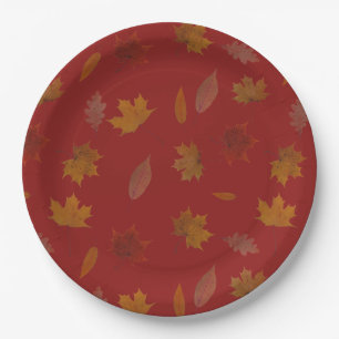 Golden Autumn Leaves on Red Custom Colour Paper Plate