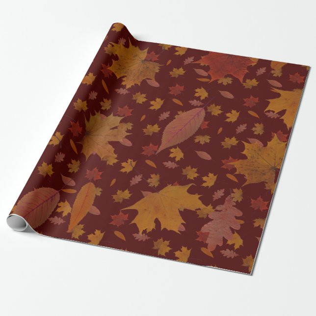 Golden Autumn Leaves on Wine Red Custom Colour Wrapping Paper (Unrolled)
