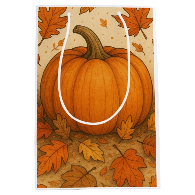 Golden Autumn Pumpkin and Falling Leaves Medium Gift Bag (Front)