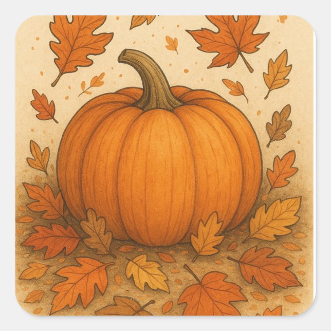 Golden Autumn Pumpkin and Falling Leaves Square Sticker (Front)