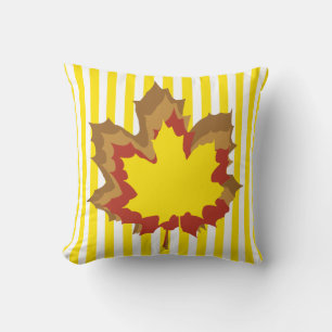 Golden Autumnal Stripes with Leaves Cushion