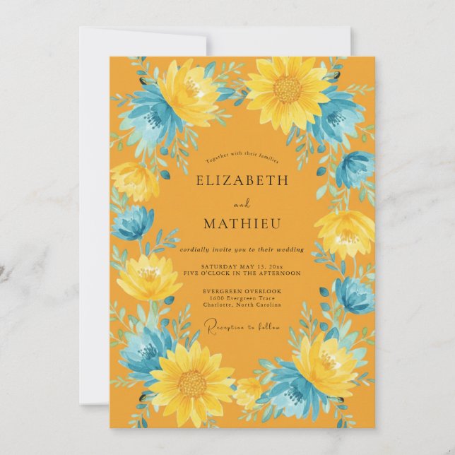 Golden Azure Sunflower Eucalyptus Wedding Invitation (Front)