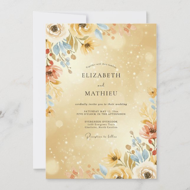 Golden Azure Wildflower Wedding Invitation (Front)