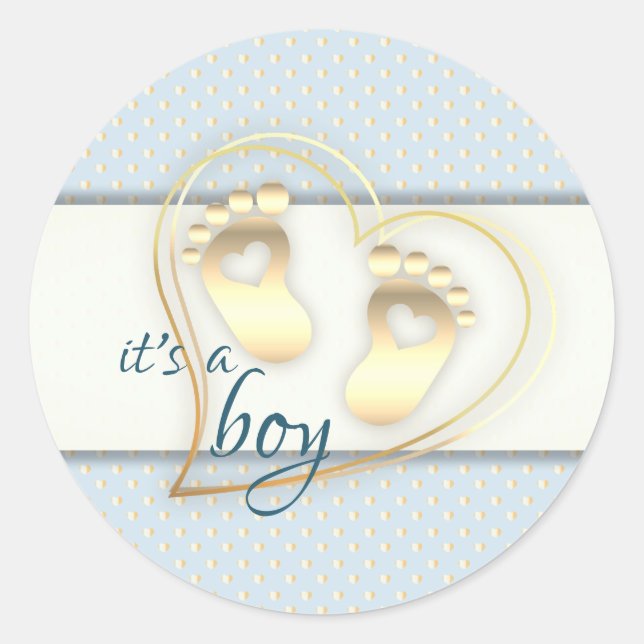 Golden Baby Boy Footprints and Hearts Baby Shower Classic Round Sticker (Front)