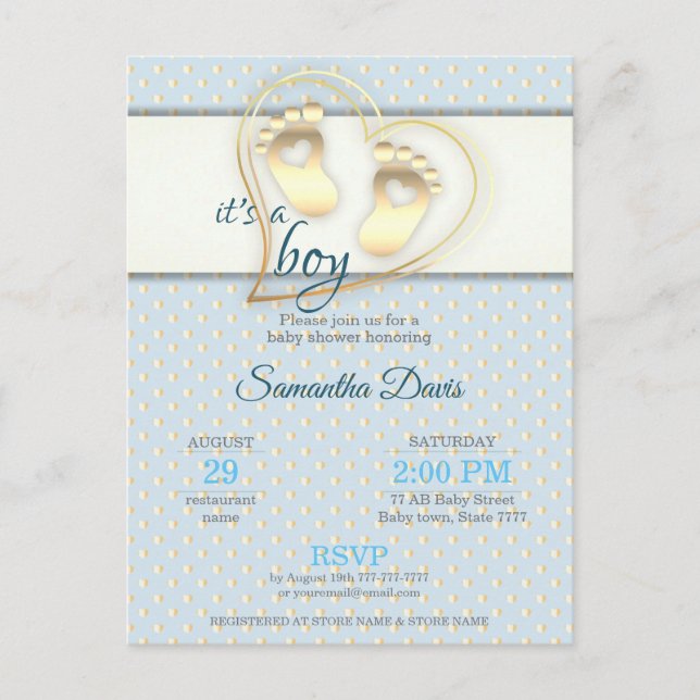 Golden Baby Boy Footprints and Hearts Baby Shower Invitation Postcard (Front)