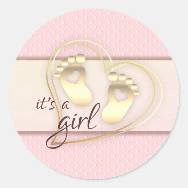 Golden Baby Girl Footprints and Hearts Baby Shower Classic Round Sticker (Front)