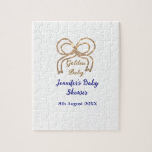 Golden baby glitter bow royal blue baby shower  jigsaw puzzle