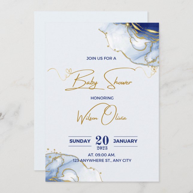 golden baby shower invitation bleu (Front/Back)