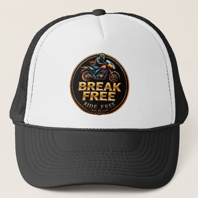Golden Badge Featuring Break Free Biker Logo Trucker Hat (Front)