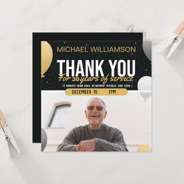 Golden Balloon Retirement Party Photo Invitation (Front/Back In Situ)