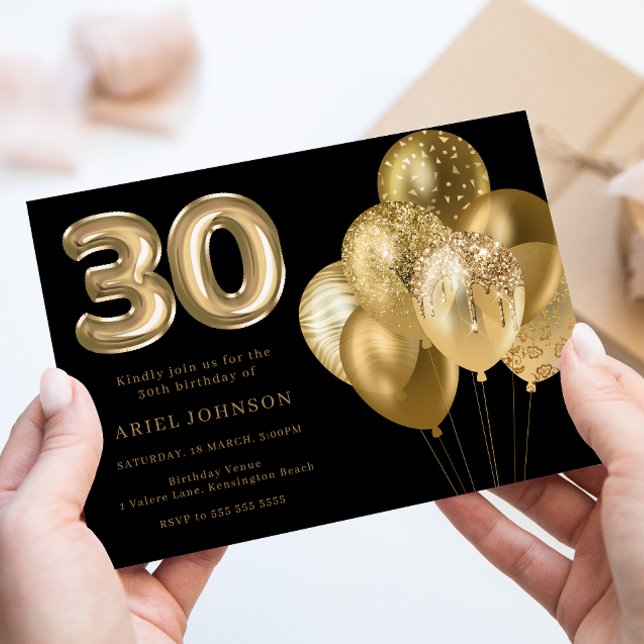 Golden Balloons Black 30th Birthday Party Invitation (Creator Uploaded)