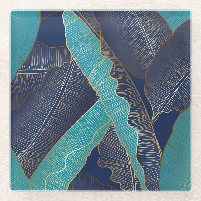 Golden Banana Leaf: Luxury Pattern. Glass Coaster (Front)