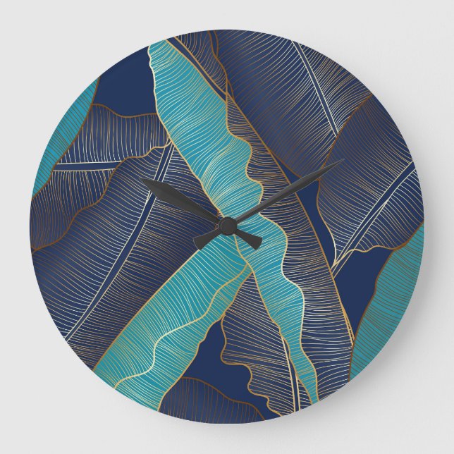Golden Banana Leaf: Luxury Pattern. Large Clock (Front)