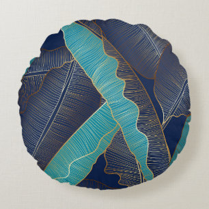 Golden Banana Leaf: Luxury Pattern. Round Cushion