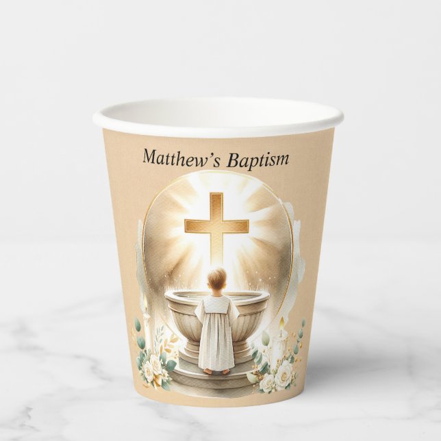 Golden Baptismal Baby Boy Christening Baptism Paper Cups (Front)