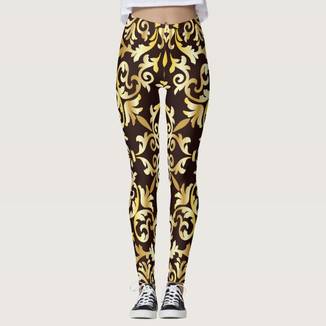 Golden Baroque Black Seamless Pattern Leggings (Front)