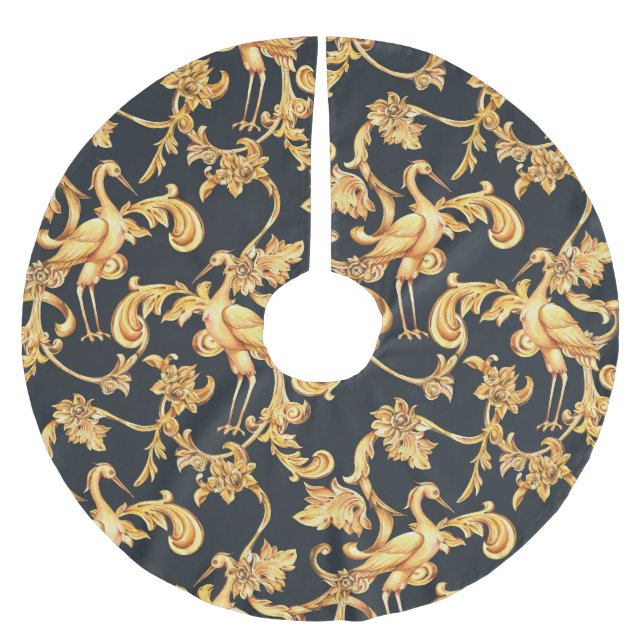 Golden baroque cranes: rococo ornament. brushed polyester tree skirt (Front)
