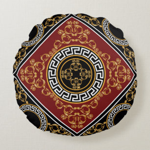 Golden Baroque: Greek Motif Illustration. Round Cushion