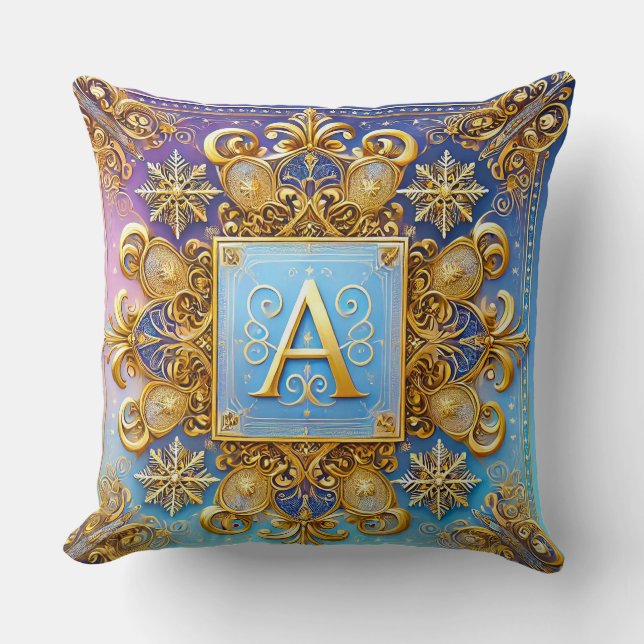 Golden Baroque Letter A Blue Monogram Elegance ✨ Cushion (Front)