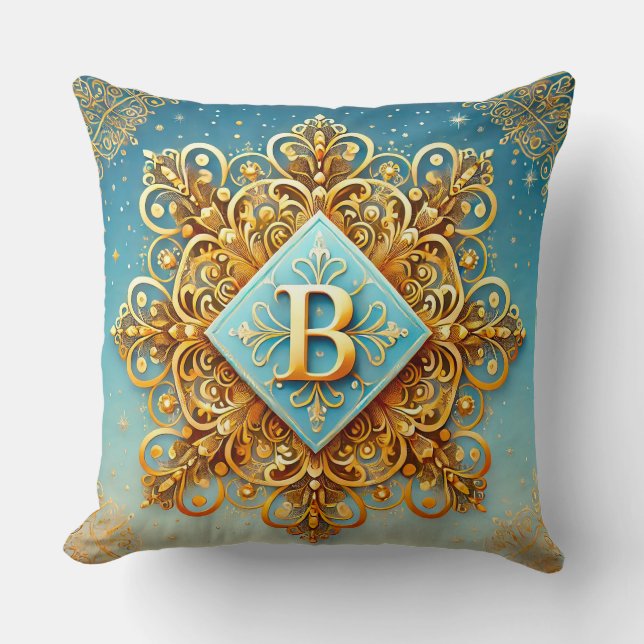 Golden Baroque Letter B Blue Monogram Style ✨ Cushion (Front)