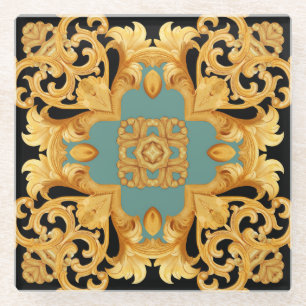 Golden Baroque Ornament 3D Elements Glass Coaster