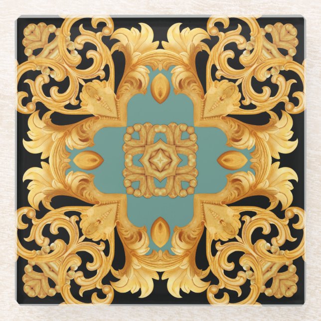 Golden Baroque Ornament 3D Elements Glass Coaster (Front)