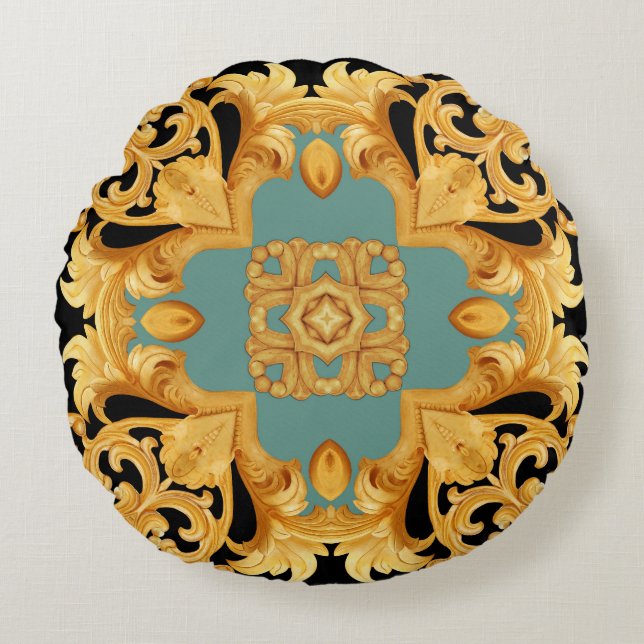 Golden Baroque Ornament 3D Elements Round Cushion (Front)