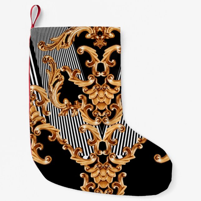 Golden baroque ornament small christmas stocking (Front)